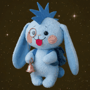 Quark, a light blue plush muse with a blue crest, a gold monocle, a backpack, and a small gold bell, against a starry background.